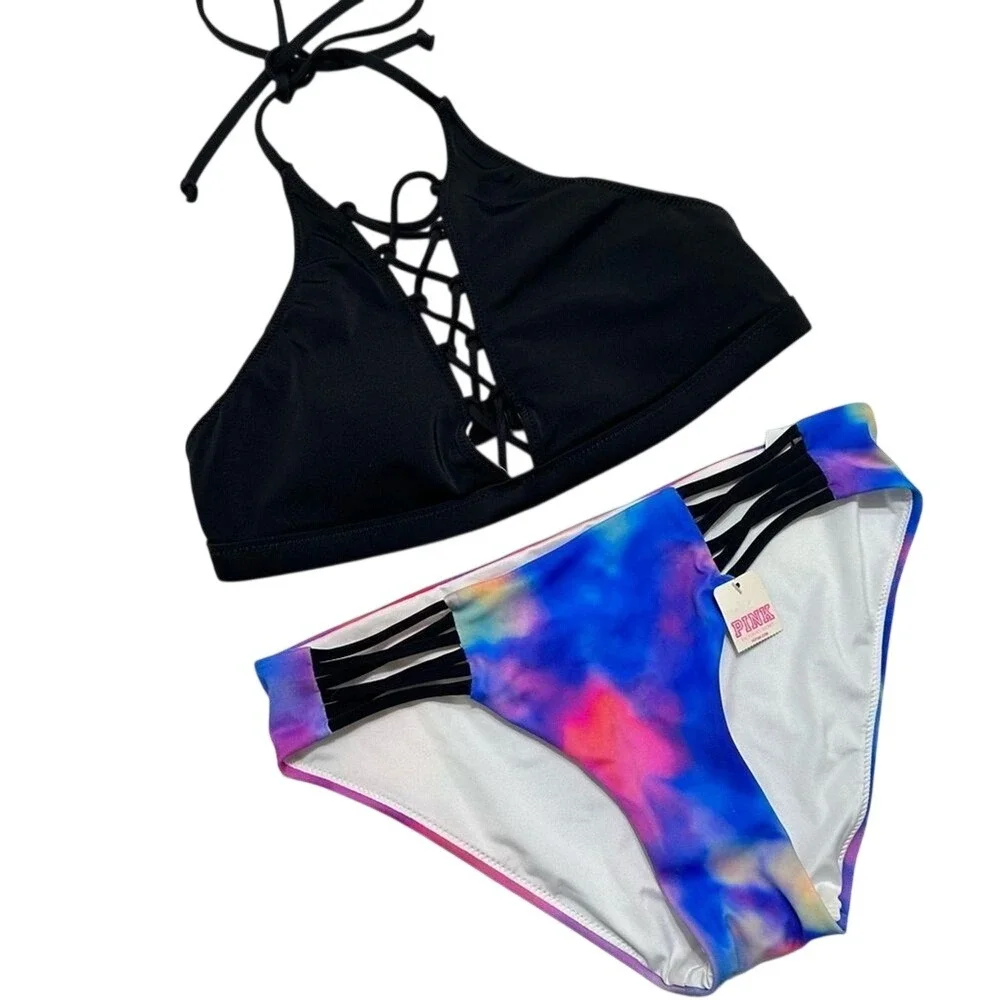 Victoria's Secret PINK Bikini Set Black Lace Up Top Tie Dye Caged Bottoms Small